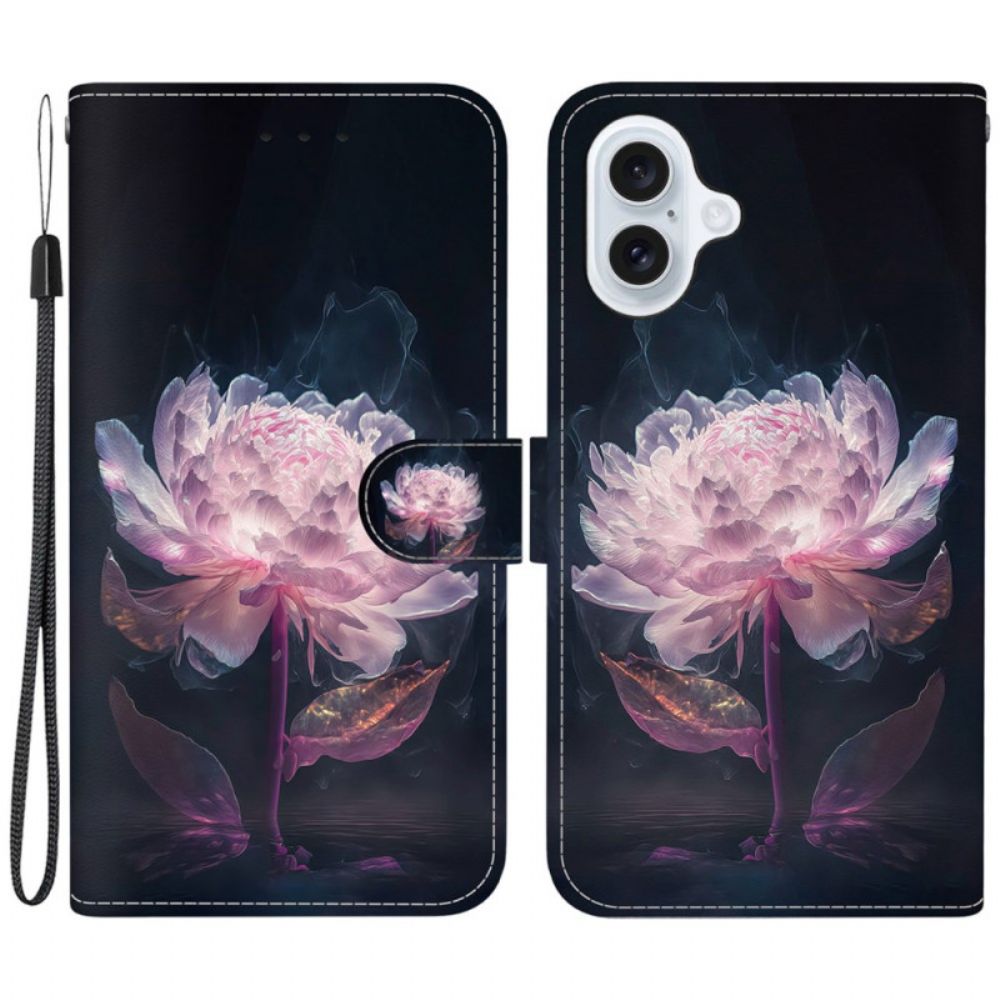 Leren Hoesje iPhone 16 Paarse Pioen Met Riem Bescherming Hoesje