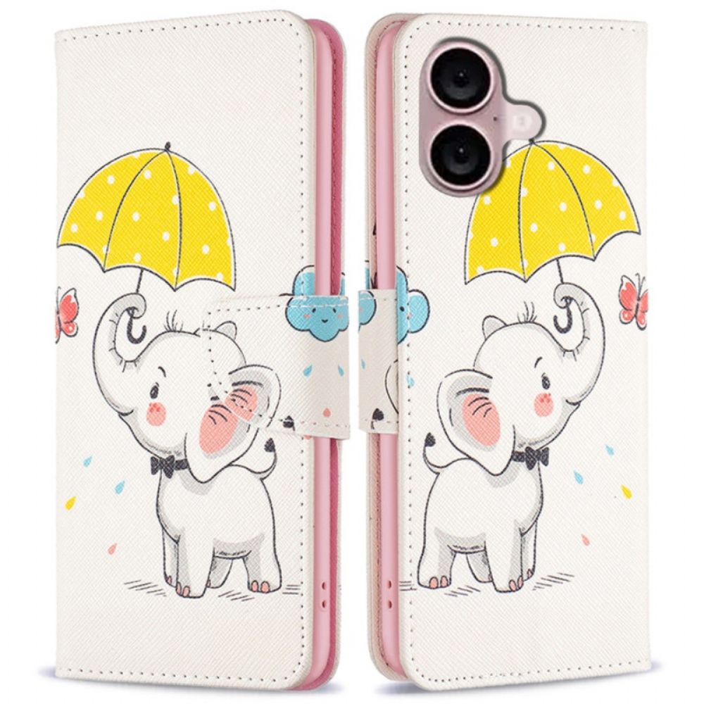 Leren Hoesje iPhone 16 Paraplu En Olifant Bescherming Hoesje