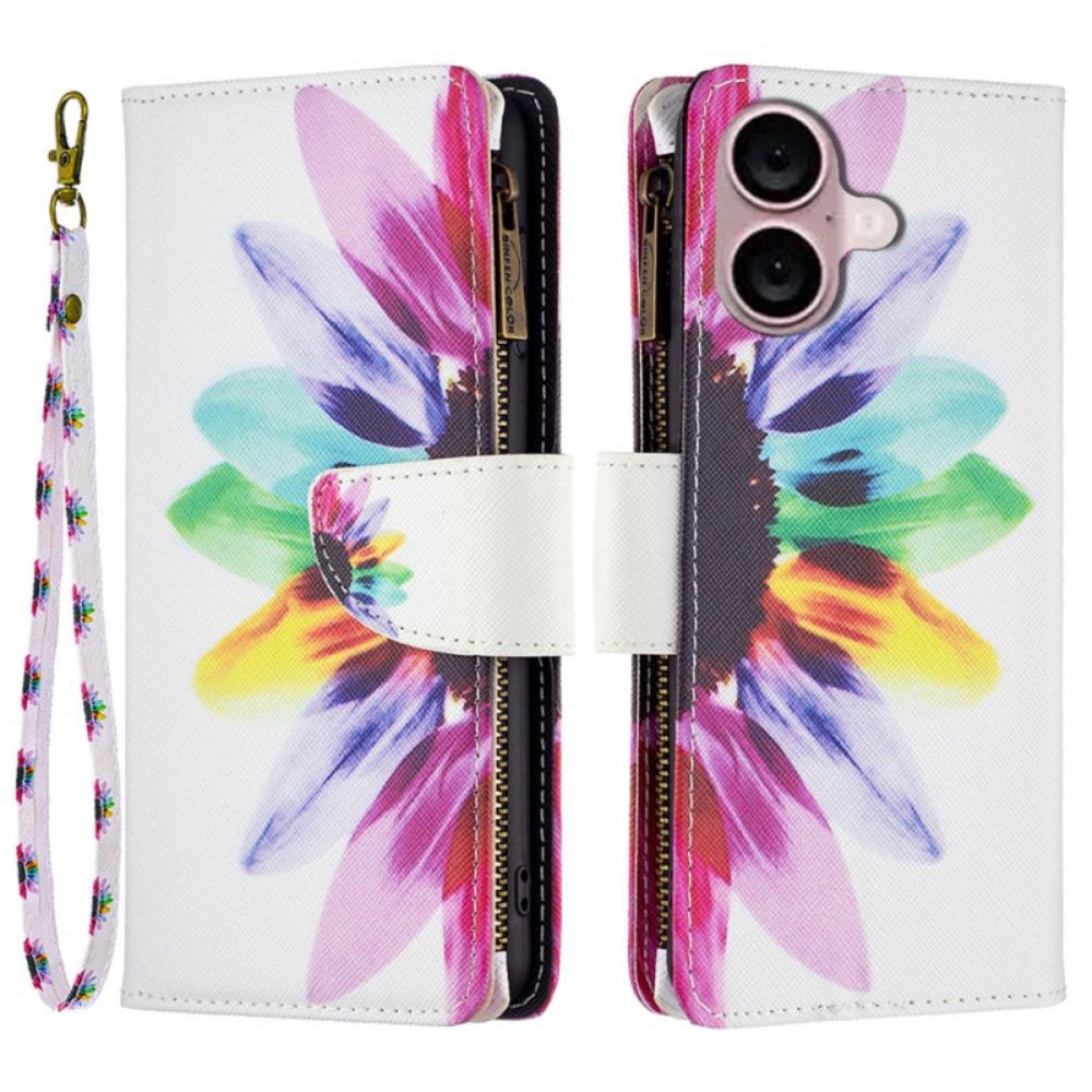 Leren Hoesje iPhone 16 Portemonnee Met Aquarelbloemen