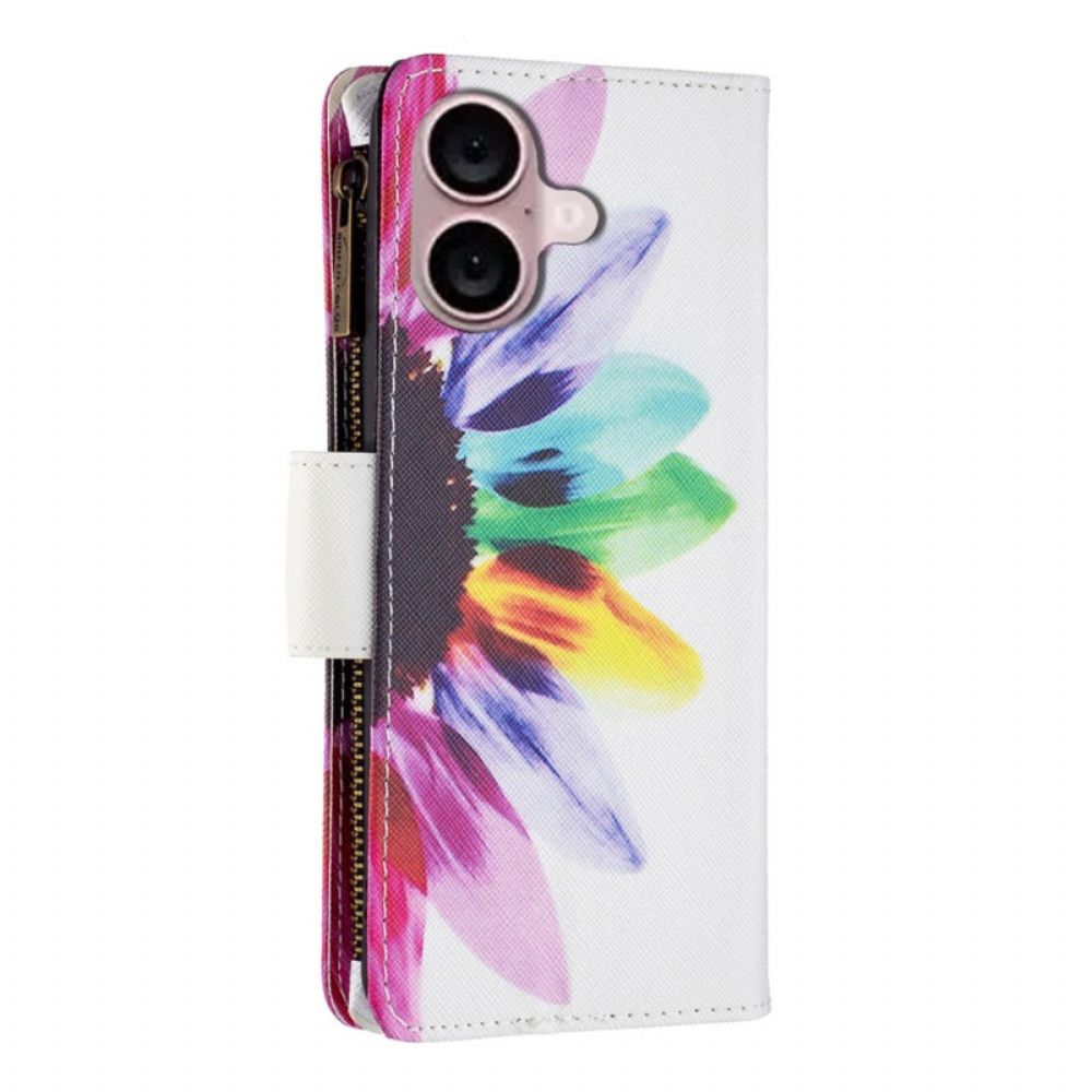 Leren Hoesje iPhone 16 Portemonnee Met Aquarelbloemen