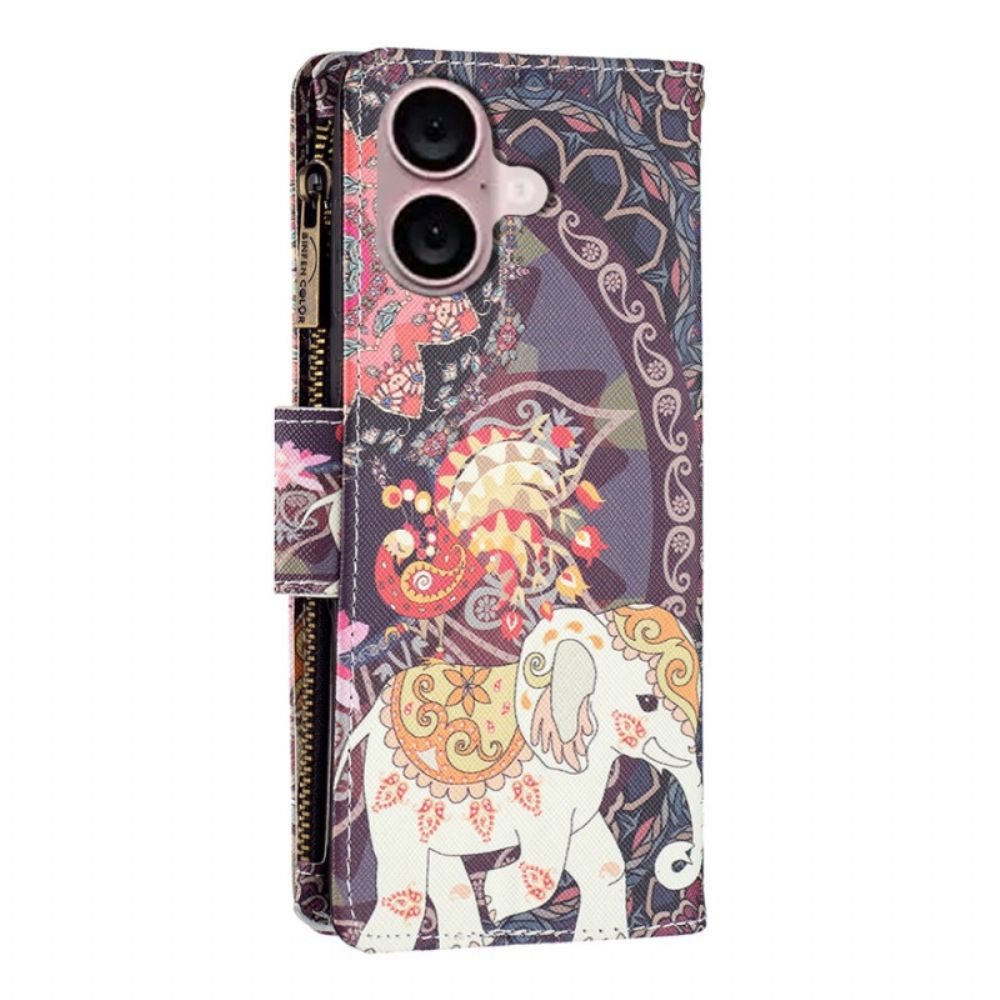 Leren Hoesje iPhone 16 Tribal Olifant Portemonnee Bescherming Hoesje