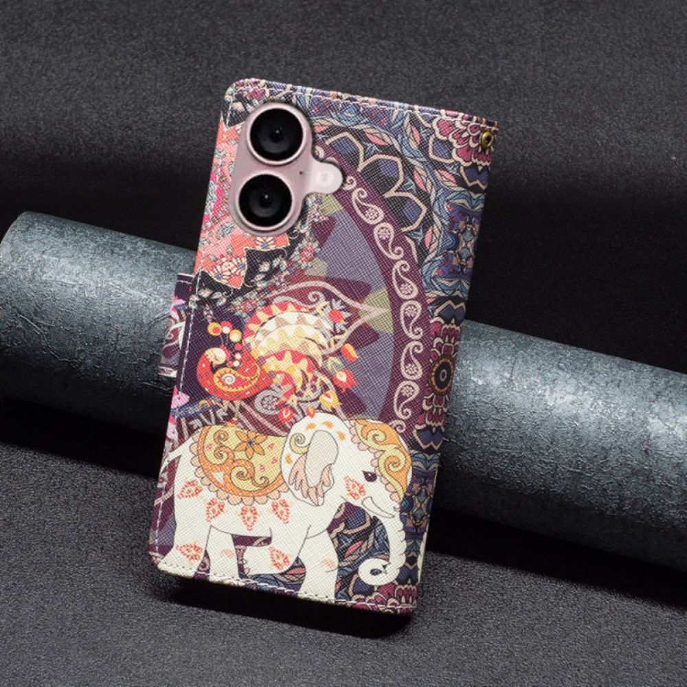 Leren Hoesje iPhone 16 Tribal Olifant Portemonnee Bescherming Hoesje