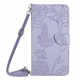 Leren Hoesje iPhone 16 Vlinderprint Met Schouderband Bescherming Hoesje