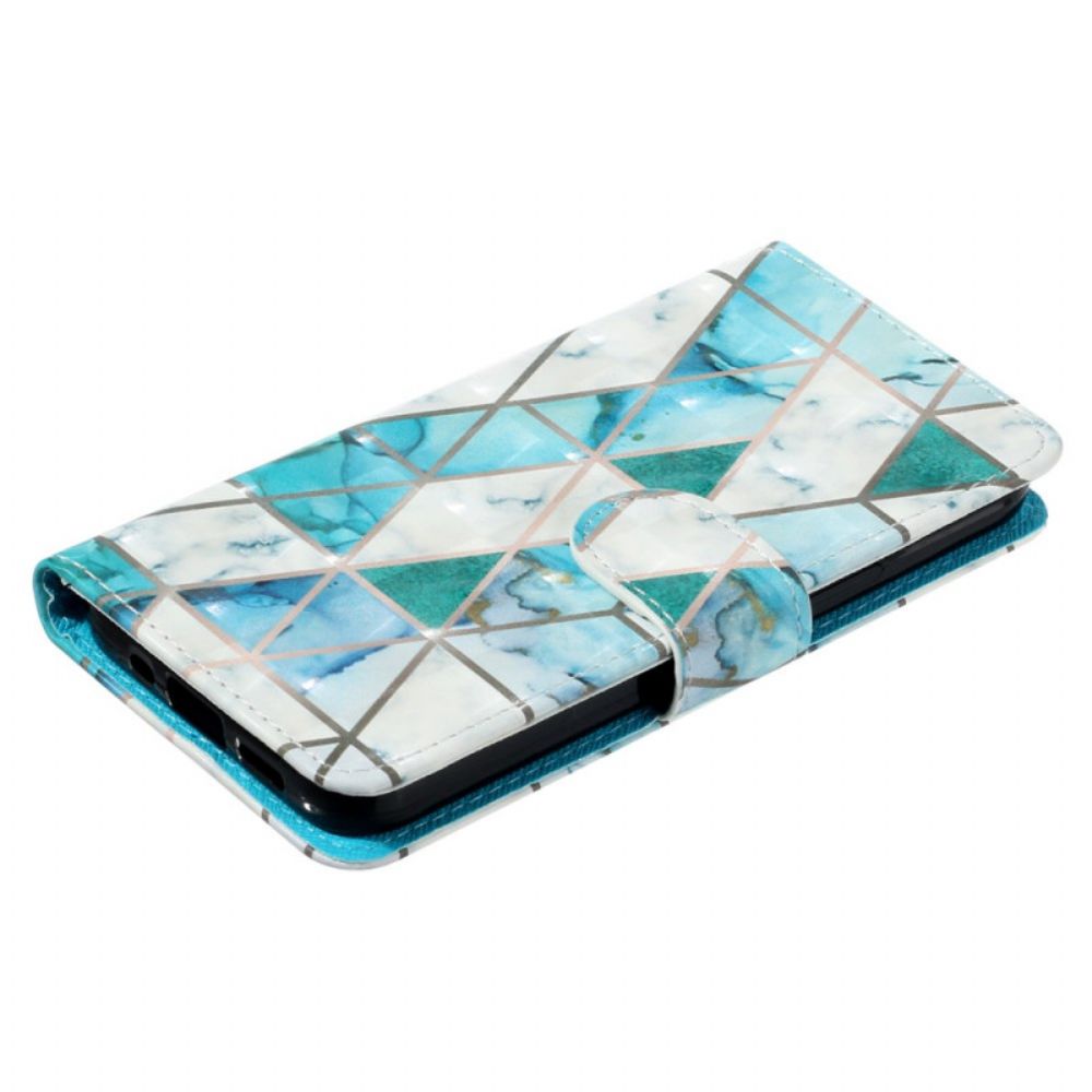 Leren Hoesje Voor iPhone 16 Groen En Blauw Marmer Met Riem