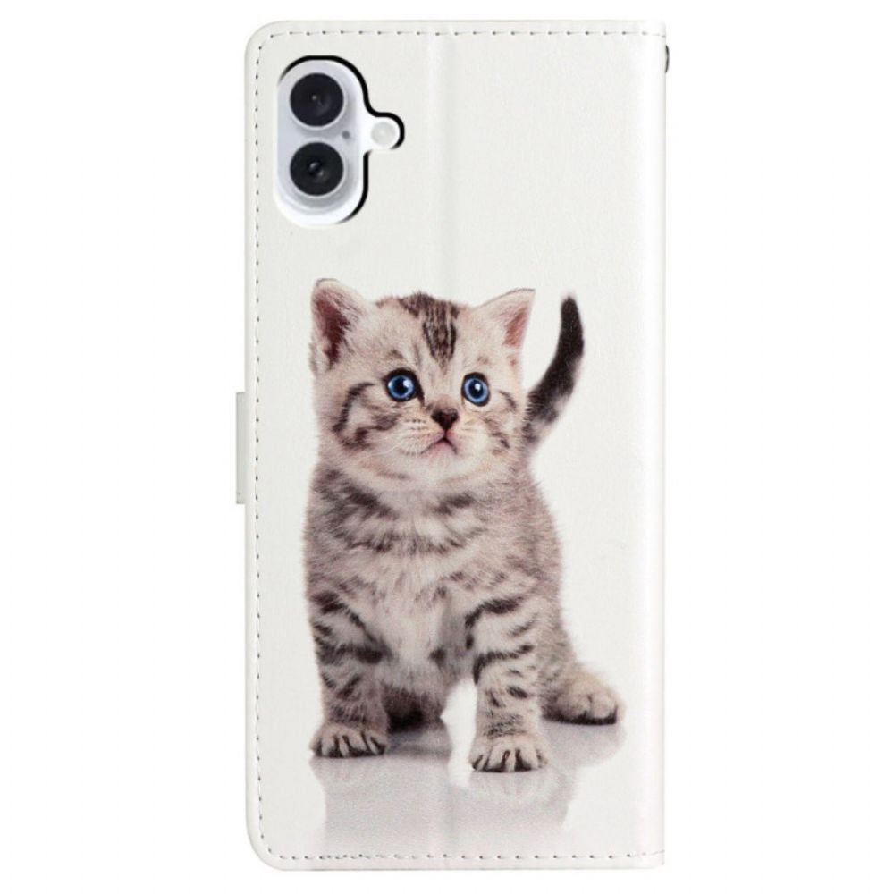 Leren Hoesje Voor iPhone 16 Katje Met Riempje