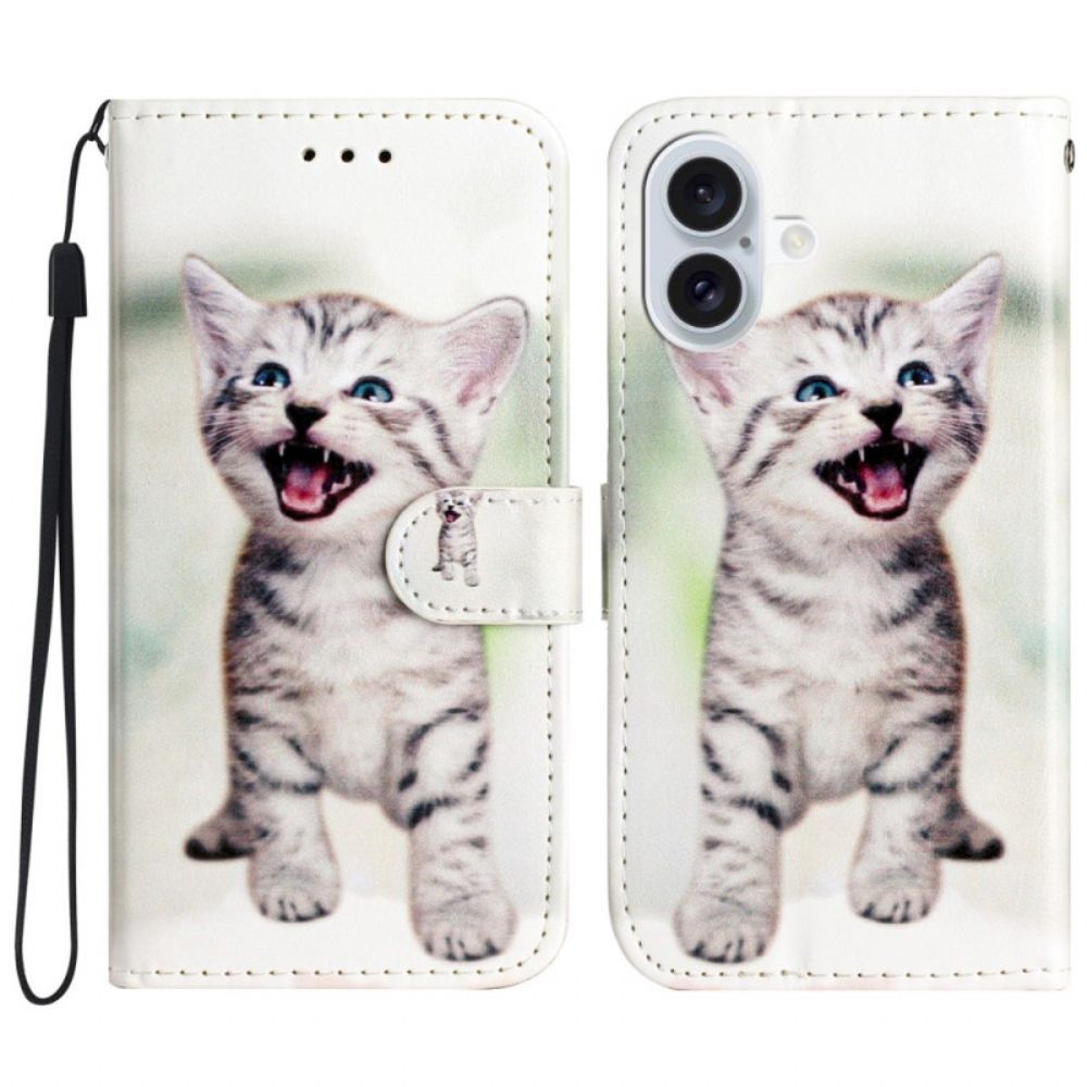 Leren Hoesje Voor iPhone 16 Kleine Kat Met Riem