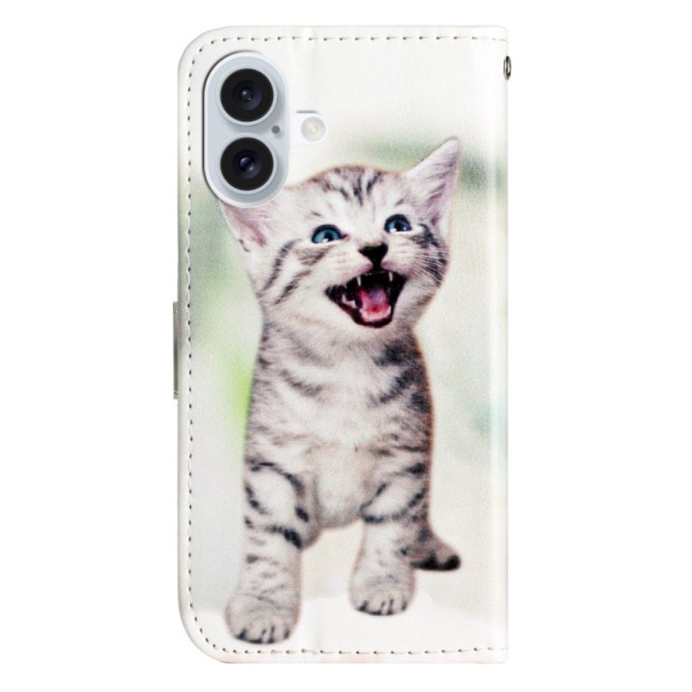 Leren Hoesje Voor iPhone 16 Kleine Kat Met Riem