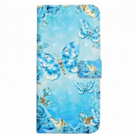 Leren Hoesje Voor iPhone 16 Lichtblauwe Vlinders