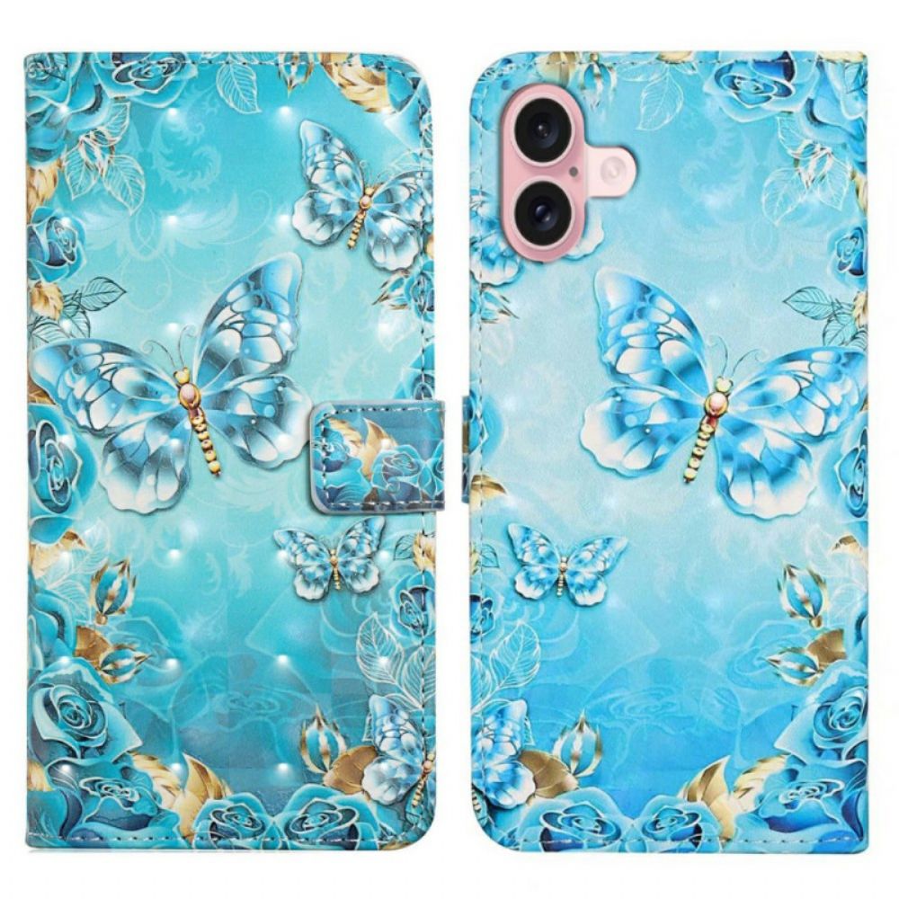 Leren Hoesje Voor iPhone 16 Lichtblauwe Vlinders