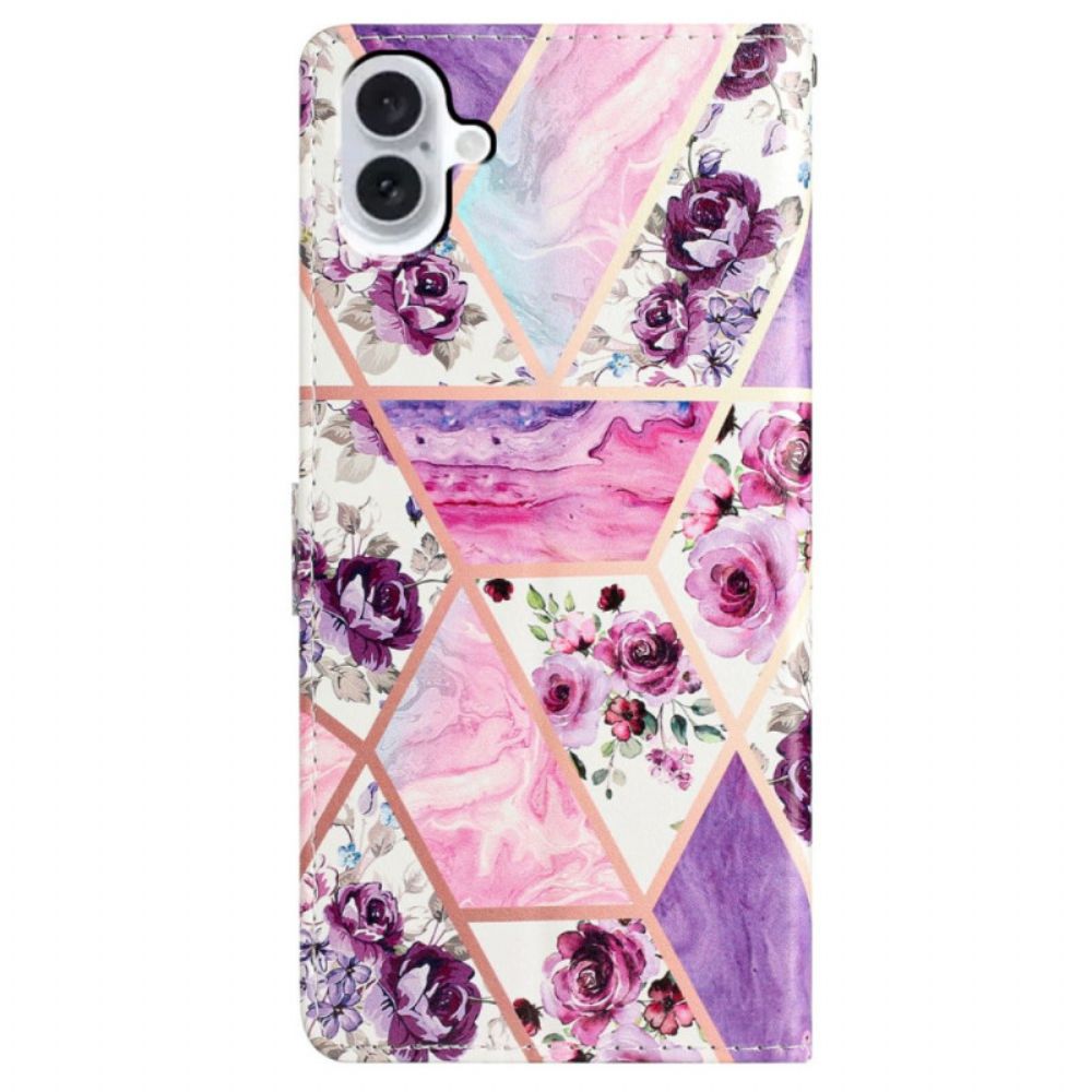 Leren Hoesje Voor iPhone 16 Paarse Bloemen Met Riempje