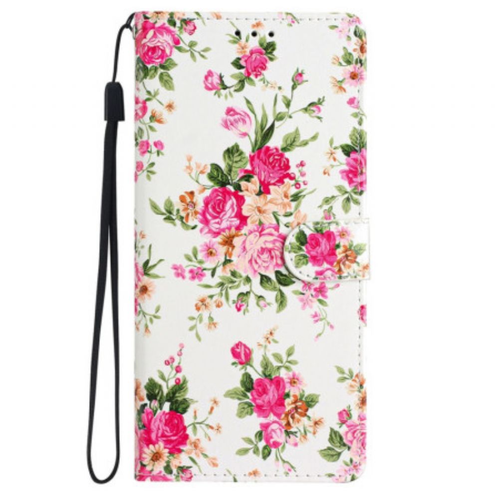 Leren Hoesje Voor iPhone 16 Rode Bloemen Met Riem