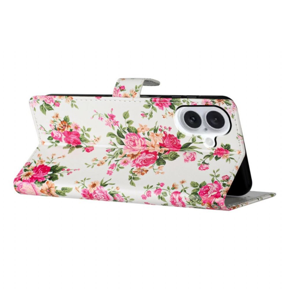 Leren Hoesje Voor iPhone 16 Rode Bloemen Met Riem