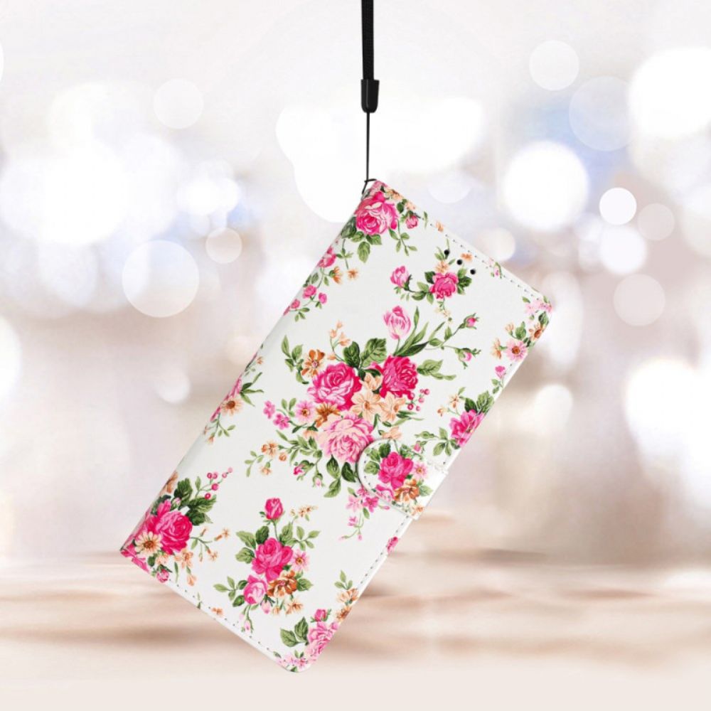 Leren Hoesje Voor iPhone 16 Rode Bloemen Met Riem