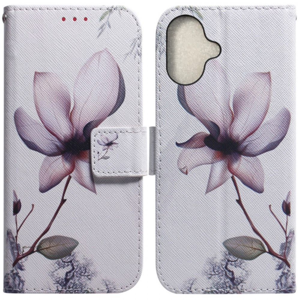 Leren Hoesje Voor iPhone 16 Roze Bloem