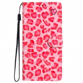 Leren Hoesje Voor iPhone 16 Roze Luipaardprint Met Riempje