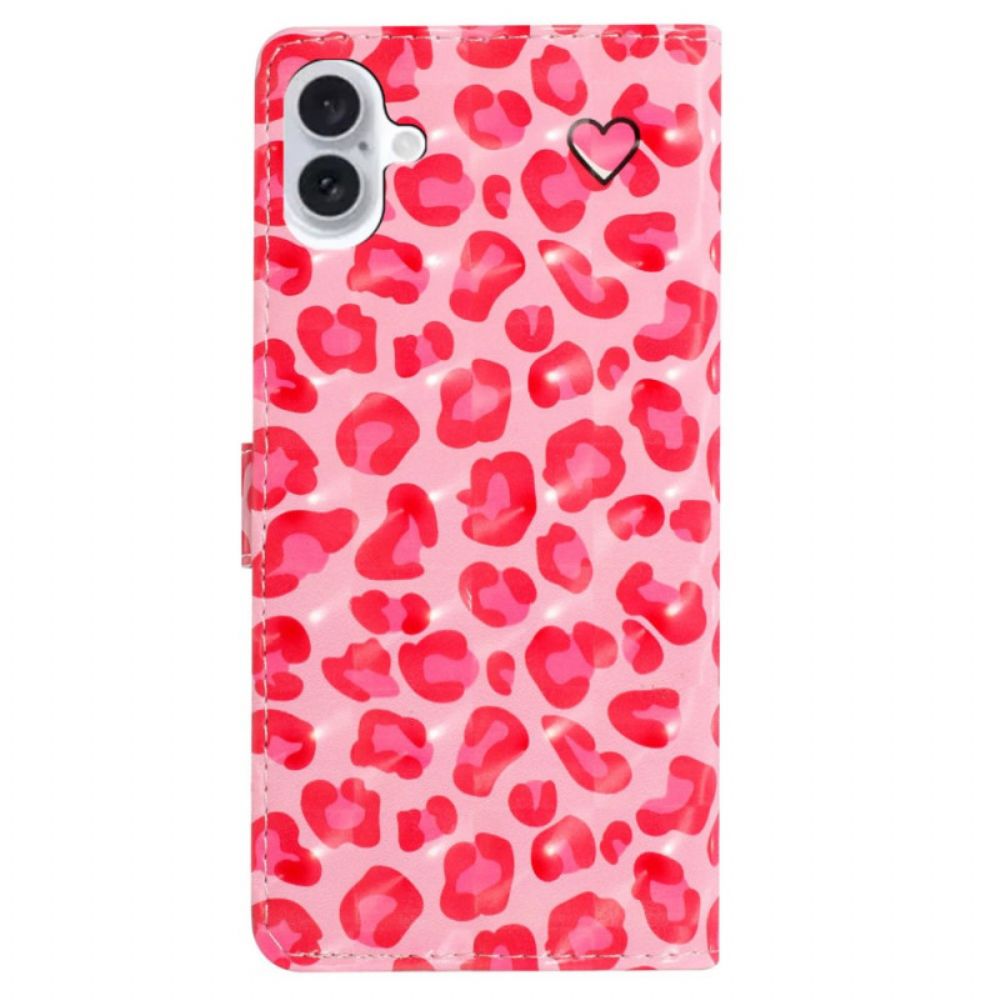 Leren Hoesje Voor iPhone 16 Roze Luipaardprint Met Riempje