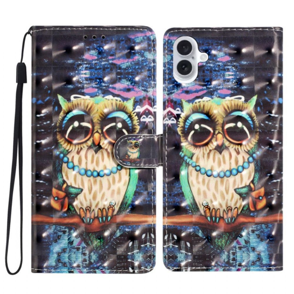 Leren Hoesje Voor iPhone 16 String Uil