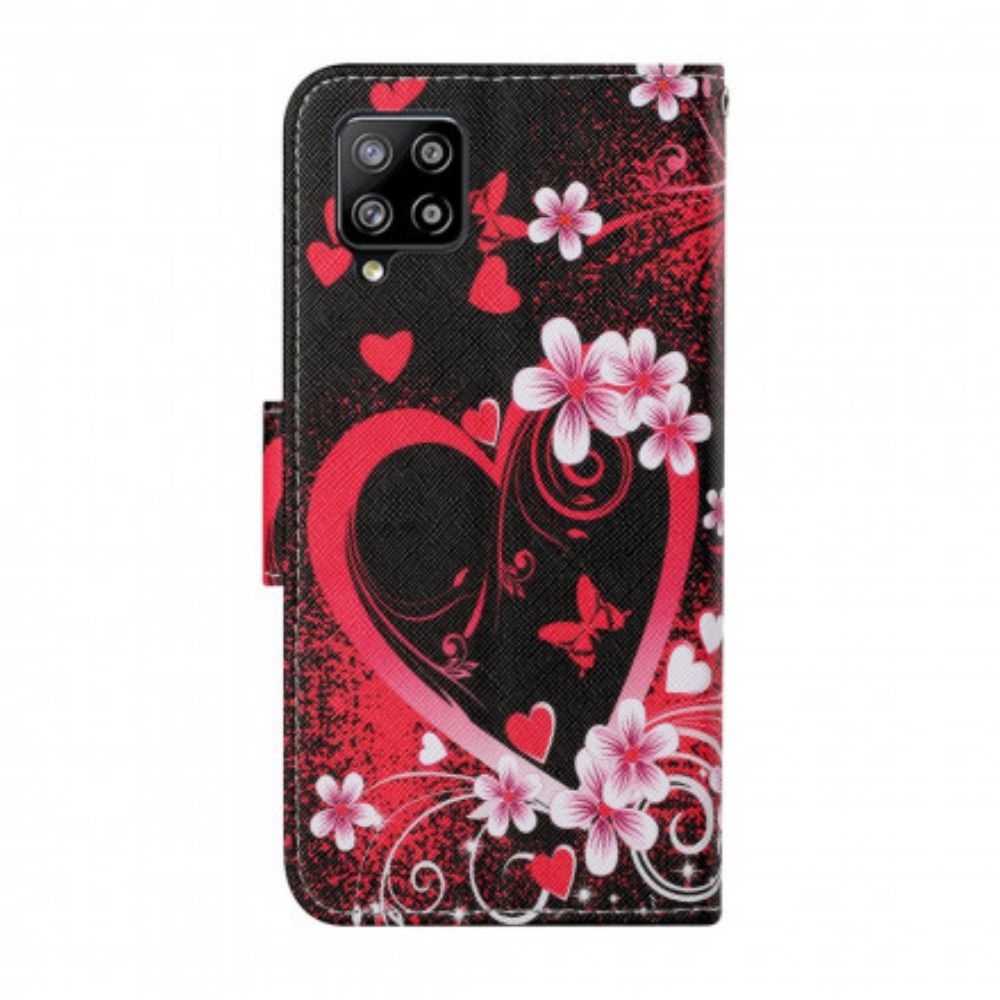 Folio-hoesje voor Samsung Galaxy A12 / M12 Bloemen En Harten Met Lanyard