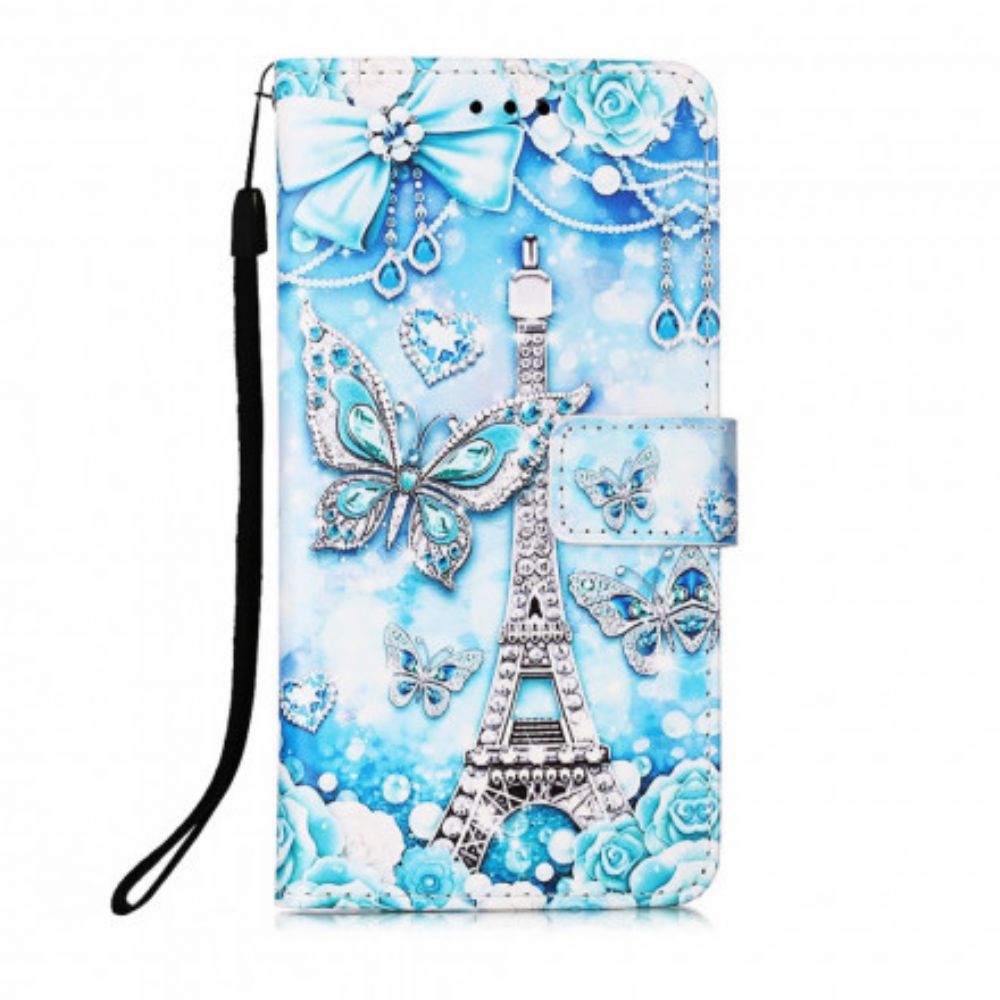 Folio-hoesje voor Samsung Galaxy A12 / M12 Met Ketting Eiffeltoren Vlinders Met Riem