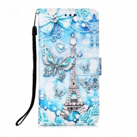 Folio-hoesje voor Samsung Galaxy A12 / M12 Met Ketting Eiffeltoren Vlinders Met Riem