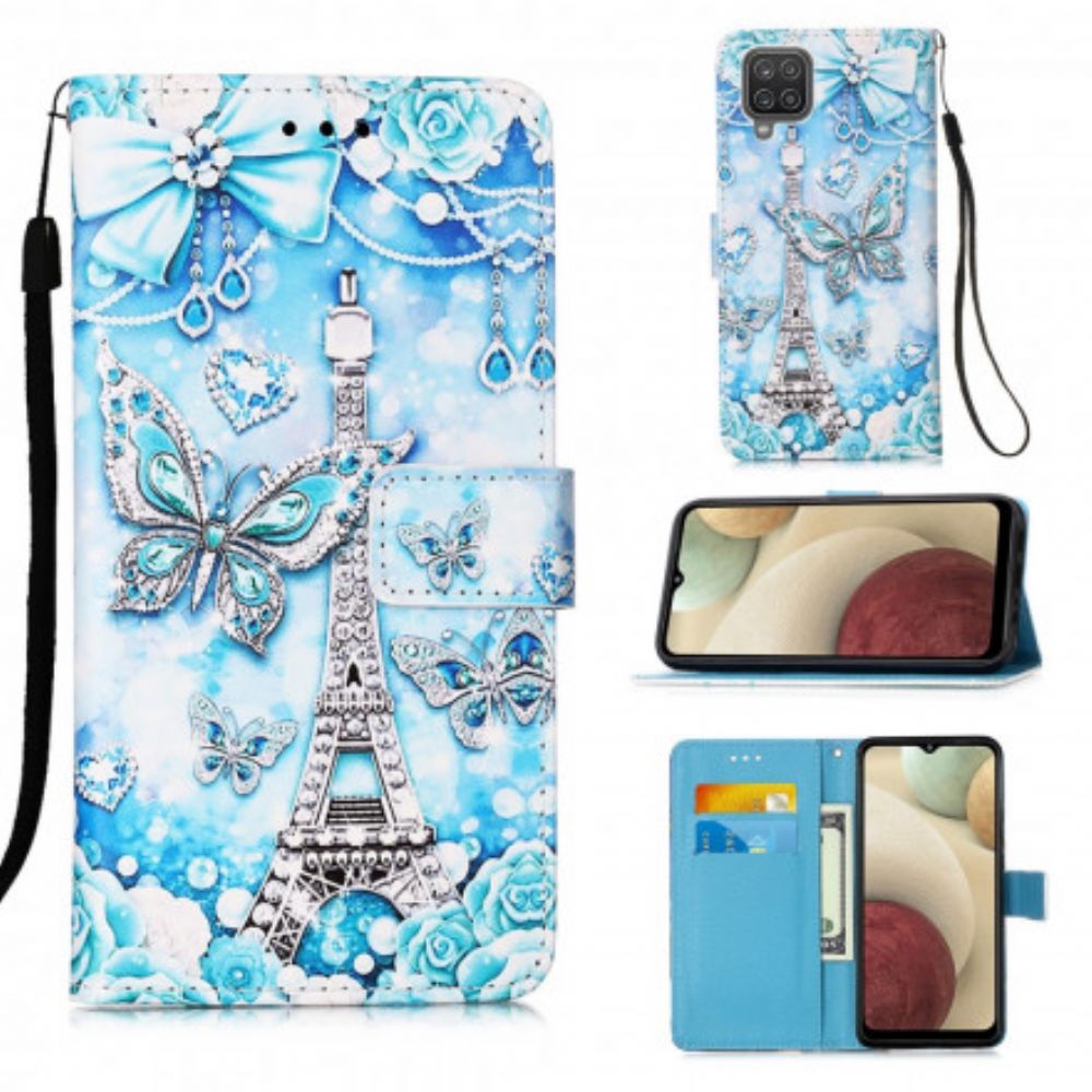 Folio-hoesje voor Samsung Galaxy A12 / M12 Met Ketting Eiffeltoren Vlinders Met Riem