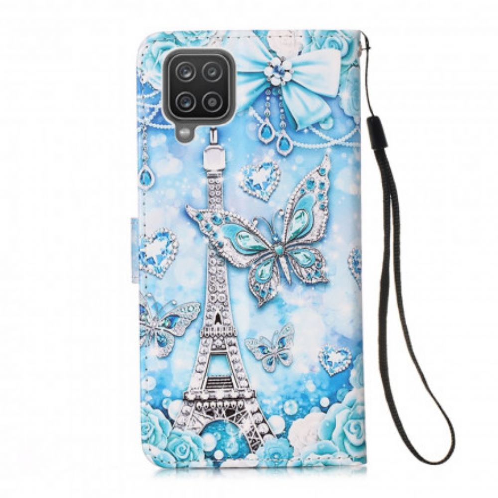 Folio-hoesje voor Samsung Galaxy A12 / M12 Met Ketting Eiffeltoren Vlinders Met Riem