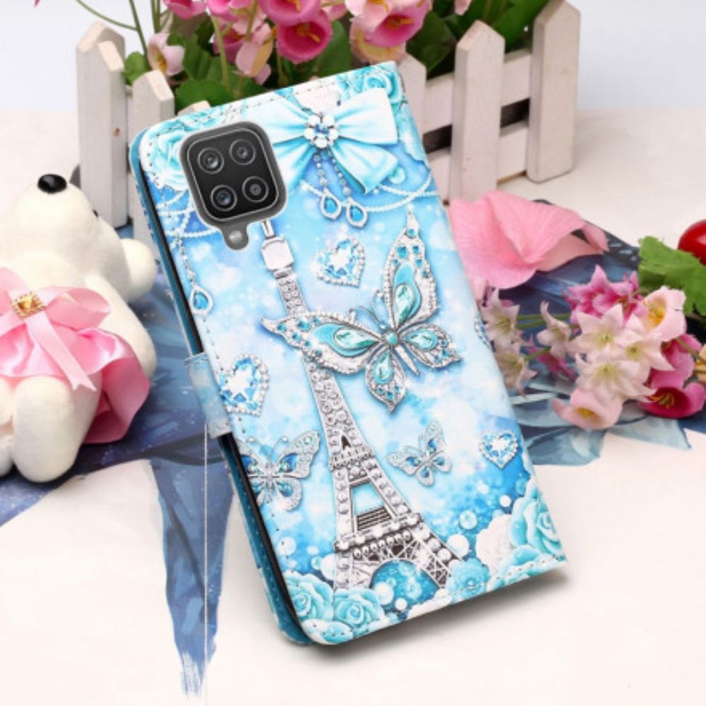 Folio-hoesje voor Samsung Galaxy A12 / M12 Met Ketting Eiffeltoren Vlinders Met Riem