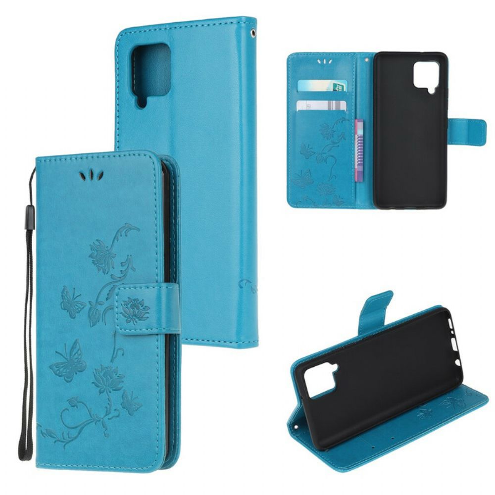 Folio-hoesje voor Samsung Galaxy A12 / M12 Met Ketting Thong Vlinders En Bloemen