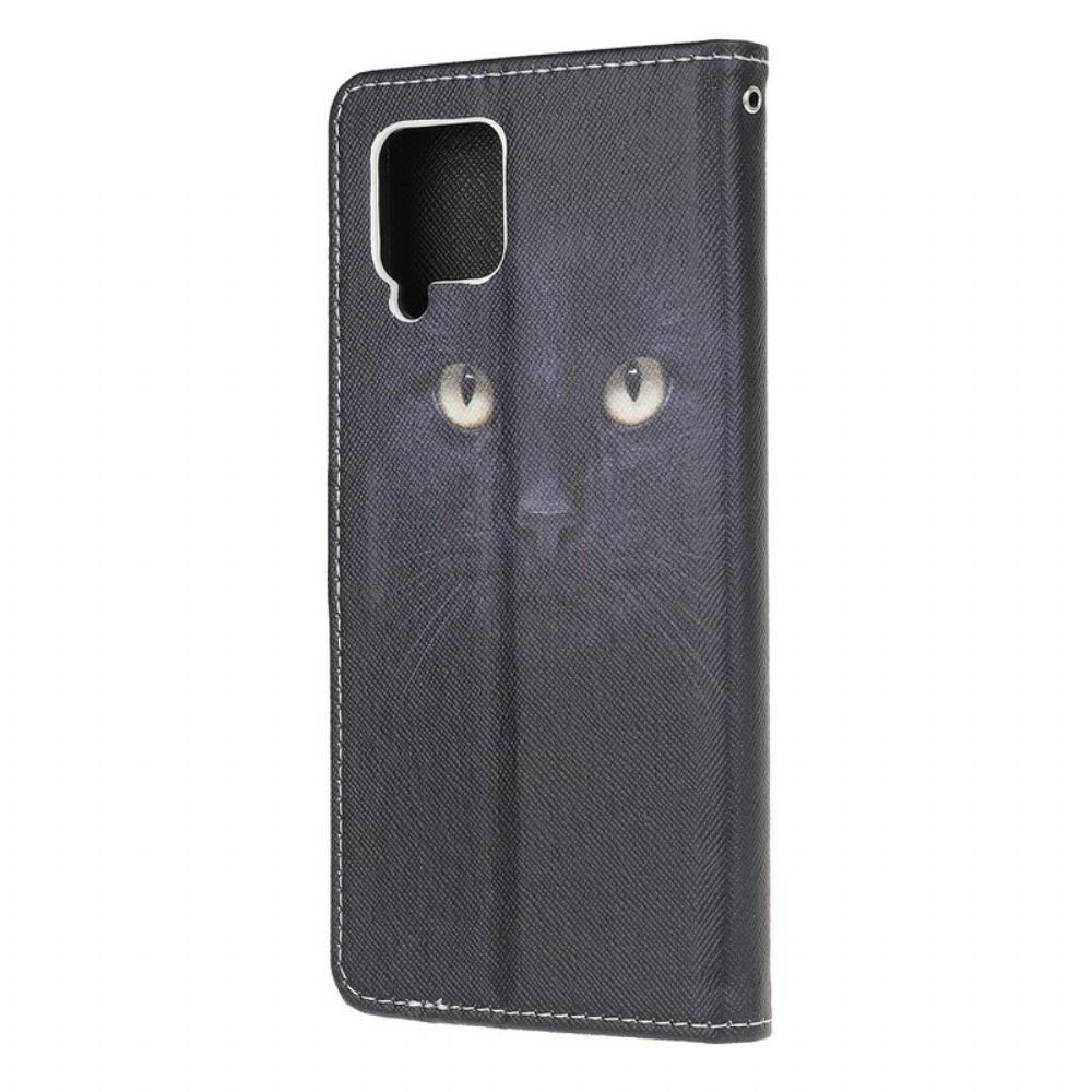 Folio-hoesje voor Samsung Galaxy A12 / M12 Met Ketting Zwarte Kattenogen Met Riem