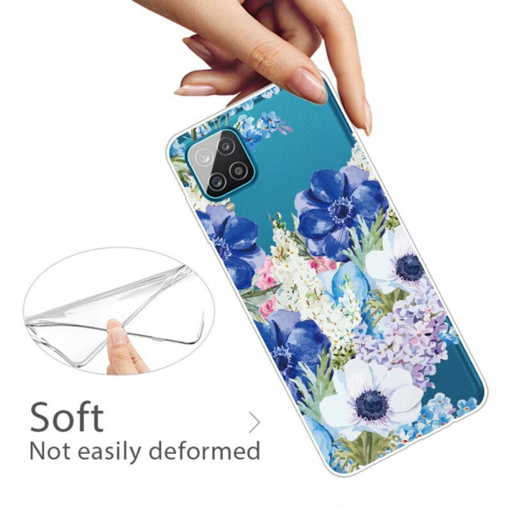 Hoesje voor Samsung Galaxy A12 / M12 Aquarel Blauwe Bloemen Naadloos