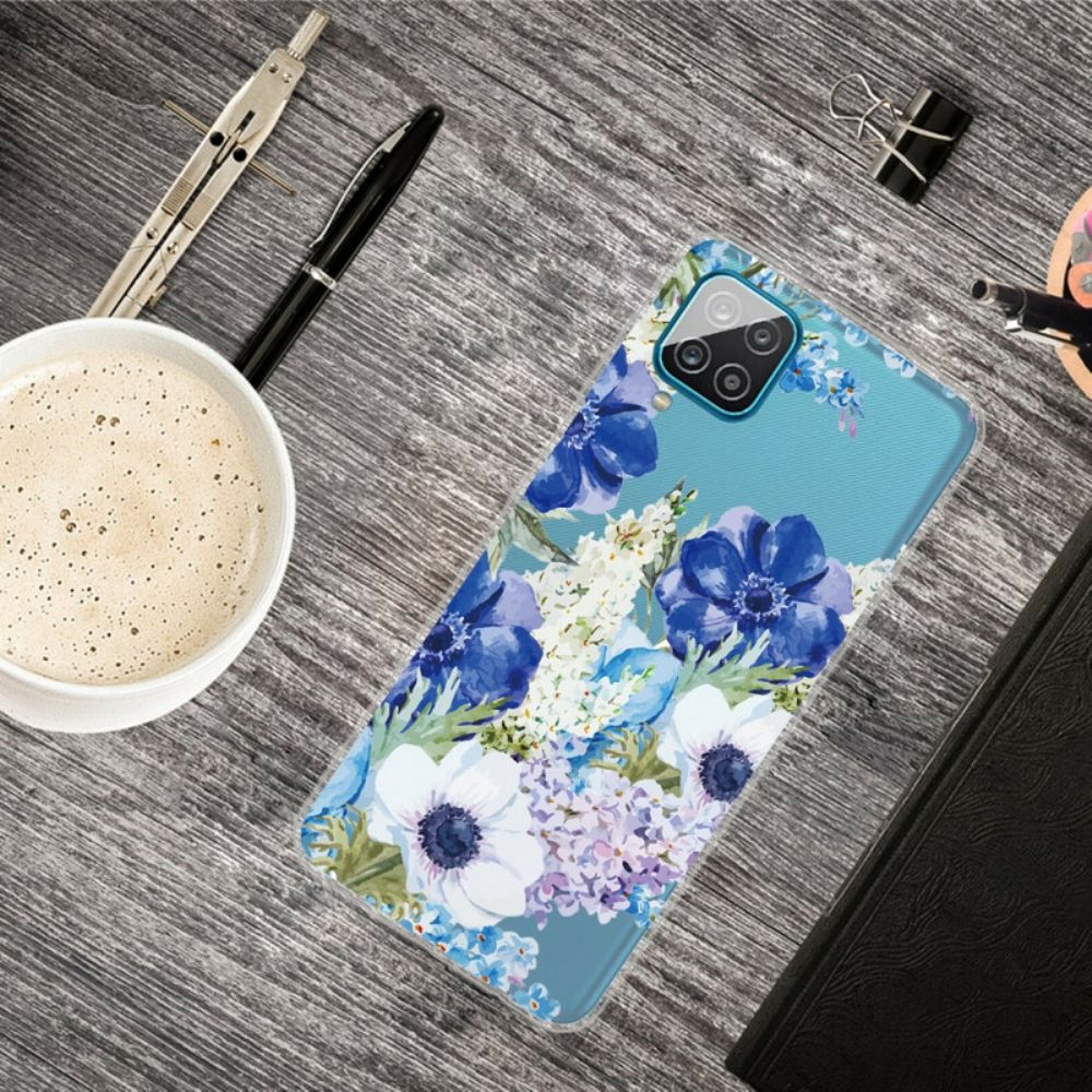 Hoesje voor Samsung Galaxy A12 / M12 Aquarel Blauwe Bloemen Naadloos