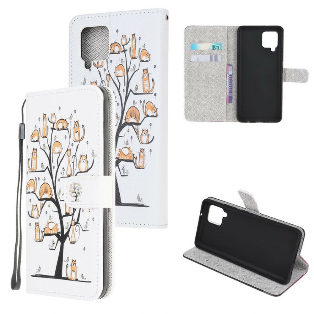 Leren Hoesje voor Samsung Galaxy A12 / M12 Met Ketting Funky Katten Met Riem