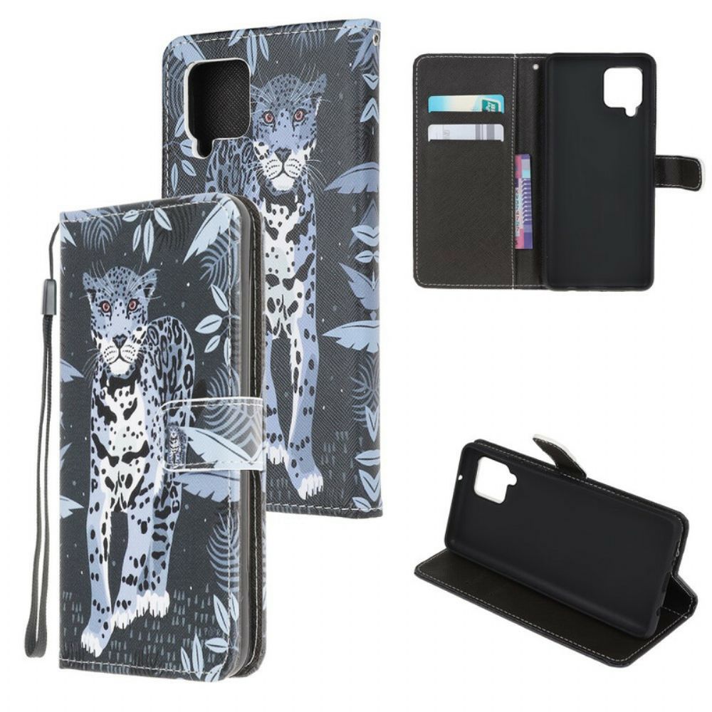 Leren Hoesje voor Samsung Galaxy A12 / M12 Met Ketting Thong Luipaard