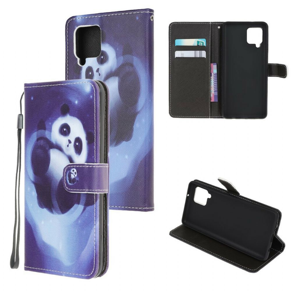 Leren Hoesje voor Samsung Galaxy A12 / M12 Met Ketting Thong Space Panda