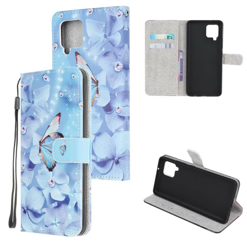 Leren Hoesje voor Samsung Galaxy A12 / M12 Met Ketting Vlinders Met Diamanten Bandjes