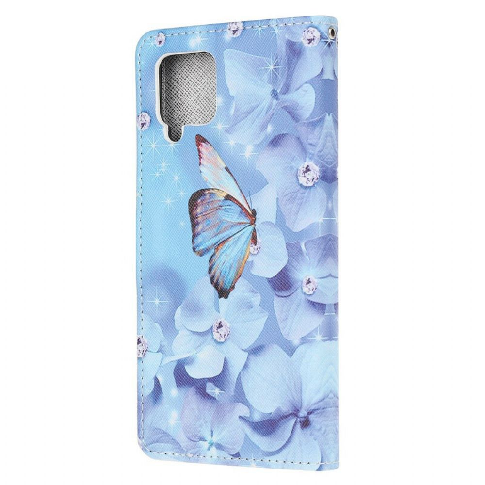 Leren Hoesje voor Samsung Galaxy A12 / M12 Met Ketting Vlinders Met Diamanten Bandjes