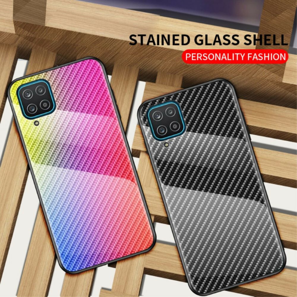 Telefoonhoesje voor Samsung Galaxy A12 / M12 Koolstofvezel Gehard Glas