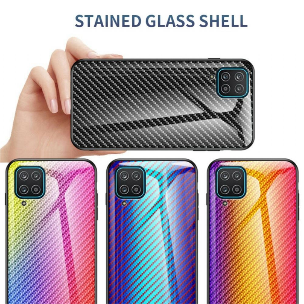 Telefoonhoesje voor Samsung Galaxy A12 / M12 Koolstofvezel Gehard Glas