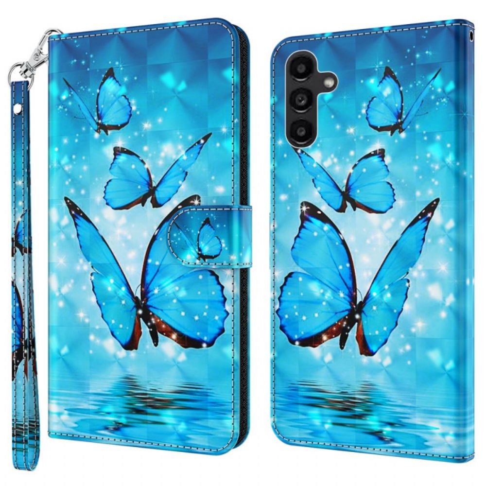 Bescherming Hoesje Samsung Galaxy A55 5g Blauwe Vlinders Met Riem