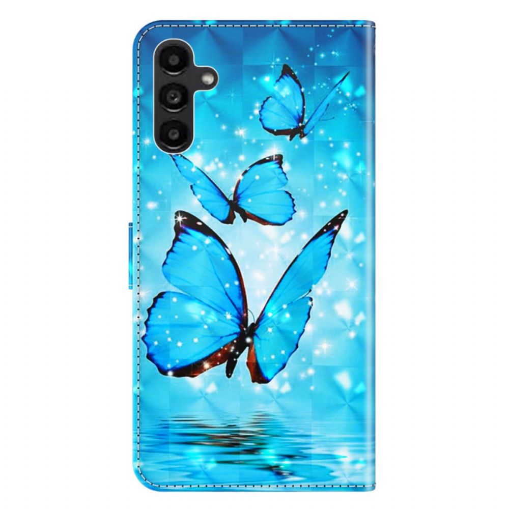 Bescherming Hoesje Samsung Galaxy A55 5g Blauwe Vlinders Met Riem