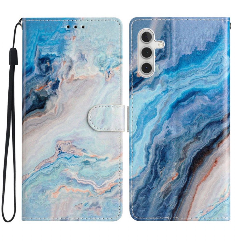 Flip Case Leren Samsung Galaxy A55 5g Blauw Marmer Met Riem