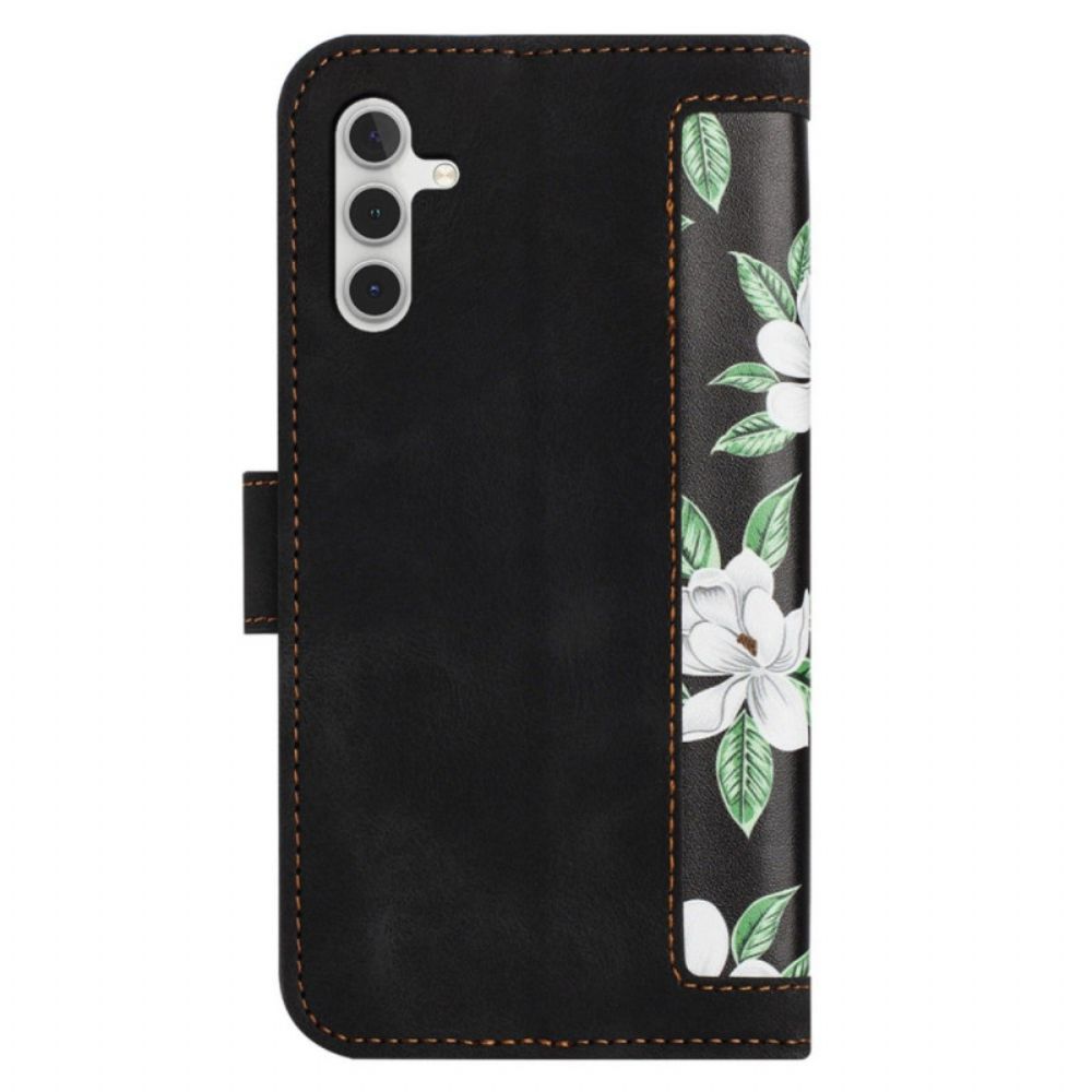 Flip Case Leren Samsung Galaxy A55 5g Bloemmotief Met Riempje