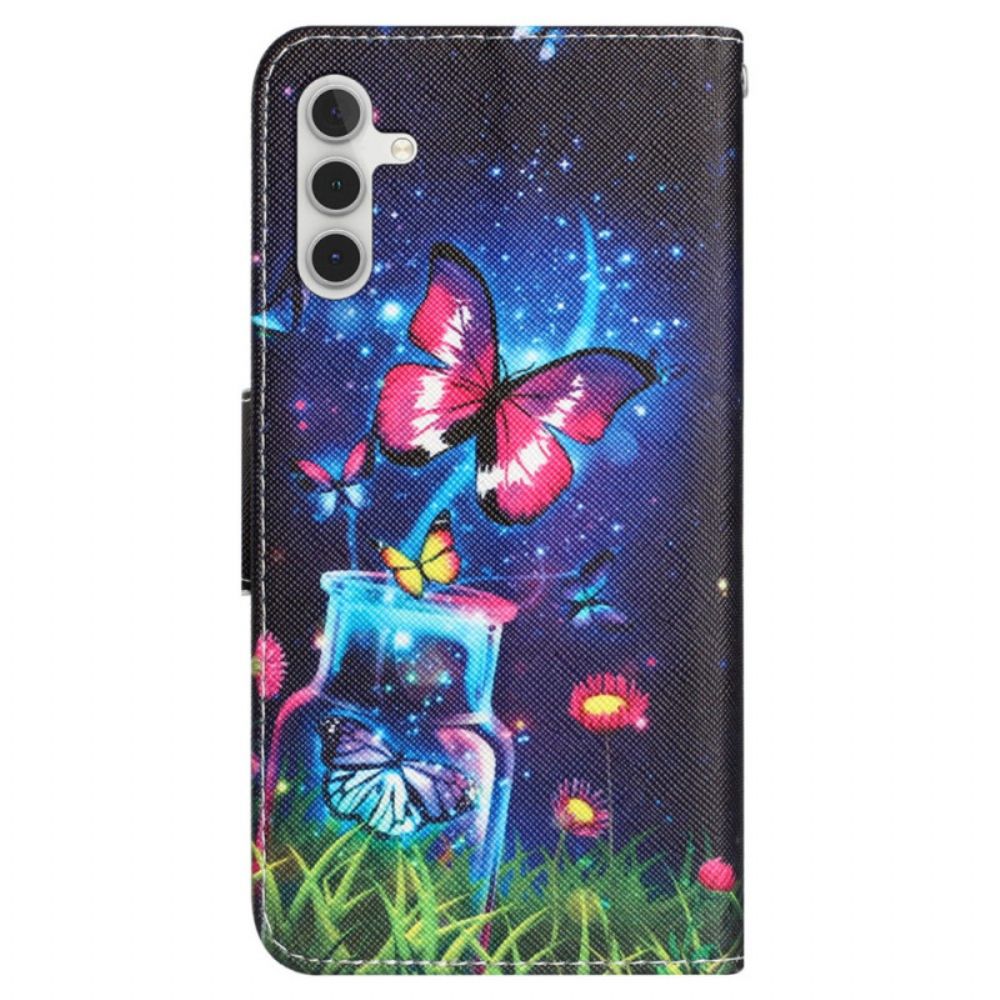 Flip Case Leren Samsung Galaxy A55 5g Fles En Vlinders Met Riem