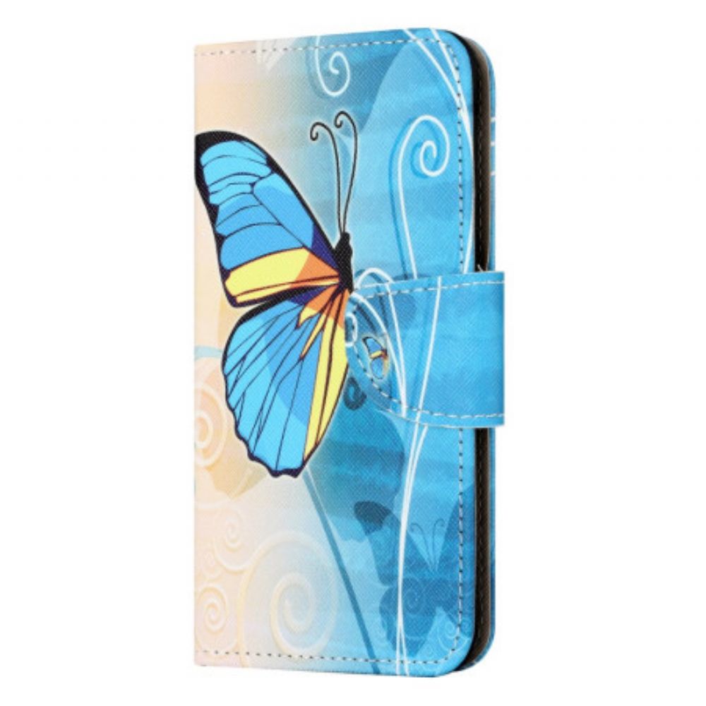 Flip Case Leren Samsung Galaxy A55 5g Gele En Blauwe Vlinder