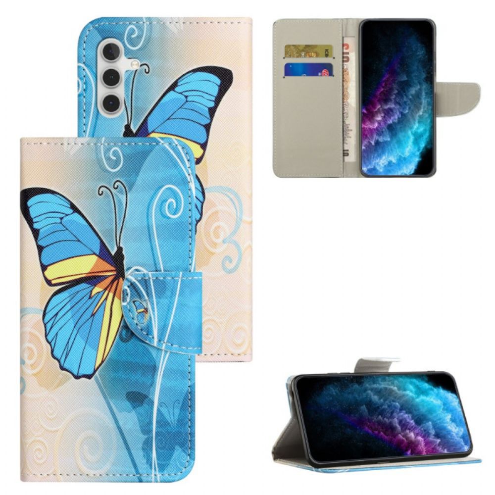 Flip Case Leren Samsung Galaxy A55 5g Gele En Blauwe Vlinder