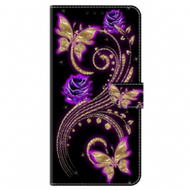 Flip Case Leren Samsung Galaxy A55 5g Violette Bloemen En Vlinders