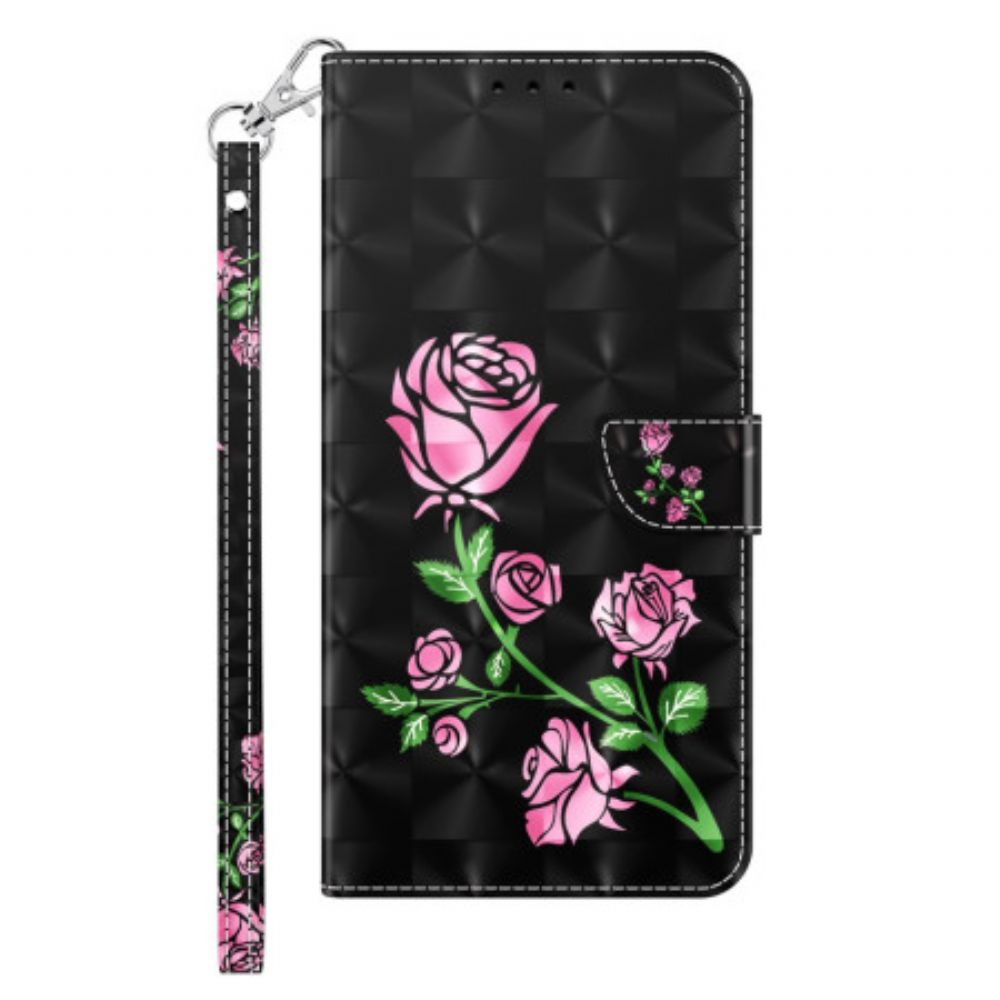 Folio-hoesje Samsung Galaxy A55 5g Telefoonhoesje Roze Bloemen Op Zwarte Achtergrond Met Riempje