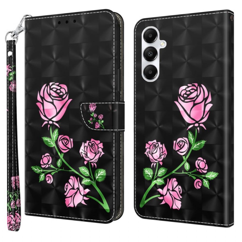 Folio-hoesje Samsung Galaxy A55 5g Telefoonhoesje Roze Bloemen Op Zwarte Achtergrond Met Riempje