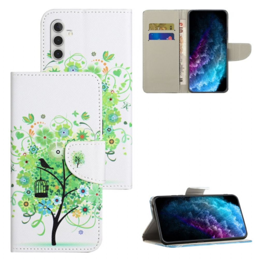 Leren Hoesje Samsung Galaxy A55 5g Groen Boompatroon Bescherming Hoesje