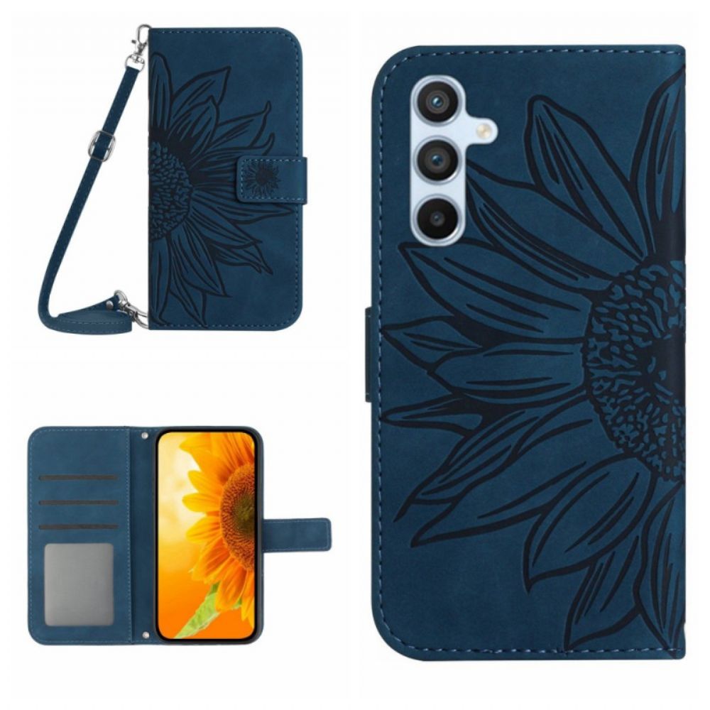 Leren Hoesje Voor Samsung Galaxy A55 5g Zonnebloem Met Schouderband